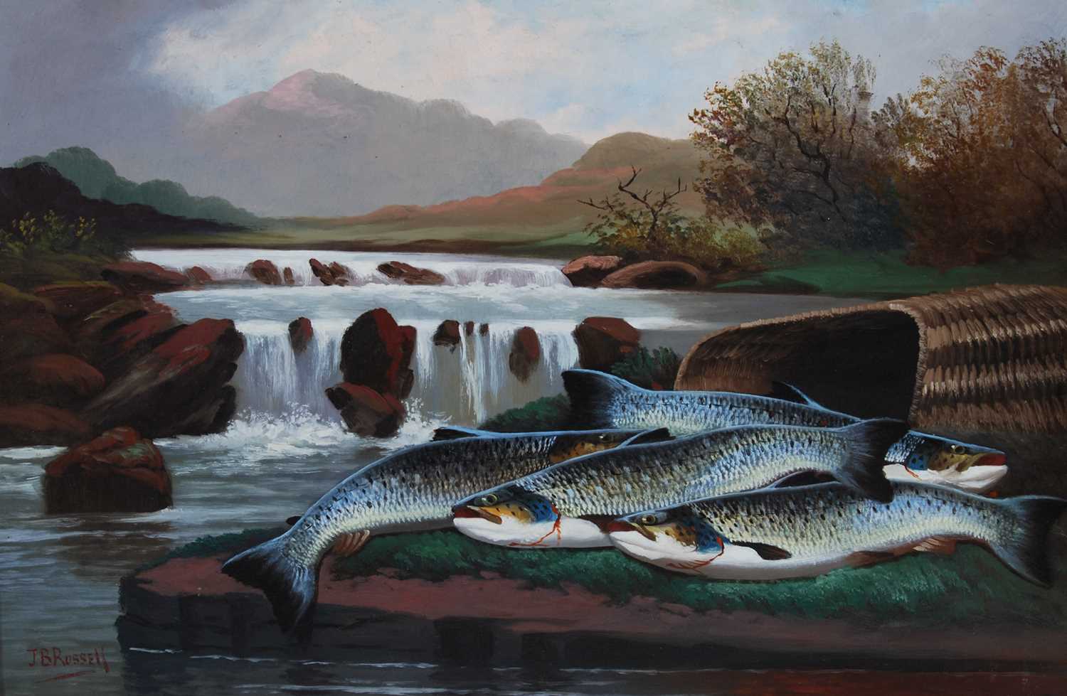 Lot 452 - J.B.Russell 
Salmon and creel 
oil on board,...