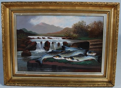 Lot 452 - J.B.Russell 
Salmon and creel 
oil on board,...