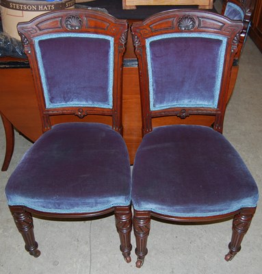 Lot 709 - Six Victorian mahogany blue velvet upholstered...