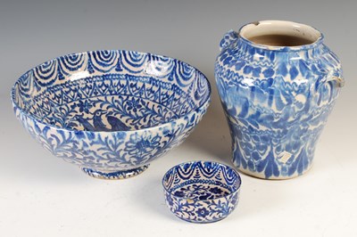 Lot 908 - Three Spanish Fajalauza blue and pottery...