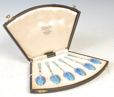 Lot 261 - A cased set of six Birmingham silver blue and...