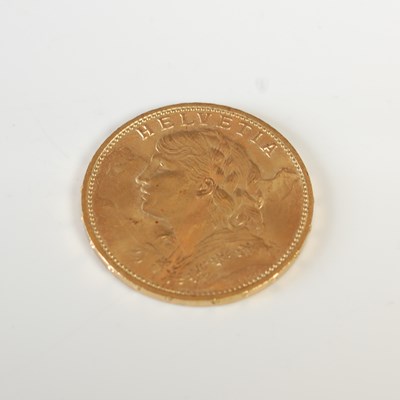 Lot 320 - A Swiss gold 20 Franc coin, dated 1914.