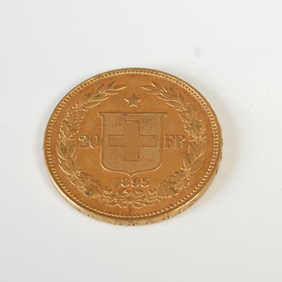 Lot 330 - A Swiss gold 20 Franc coin, dated 1895.