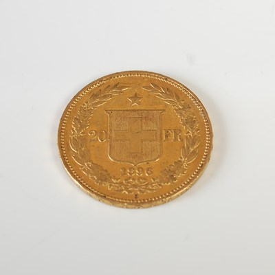 Lot 332 - A Swiss gold 20 Franc coin, dated 1896.