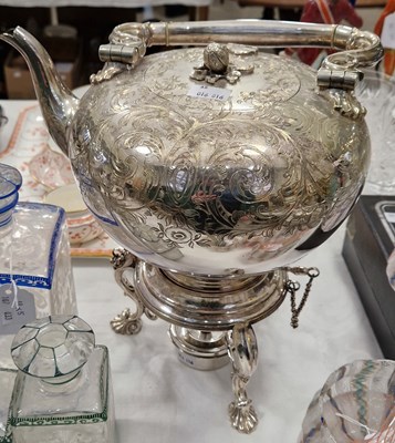 Lot 436 - An electroplated spirits kettle on stand with...