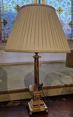 Lot 763 - A brass fluted column table lamp and shade,...