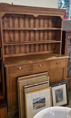 Lot 992 - A pine two part kitchen dresser, the upper...