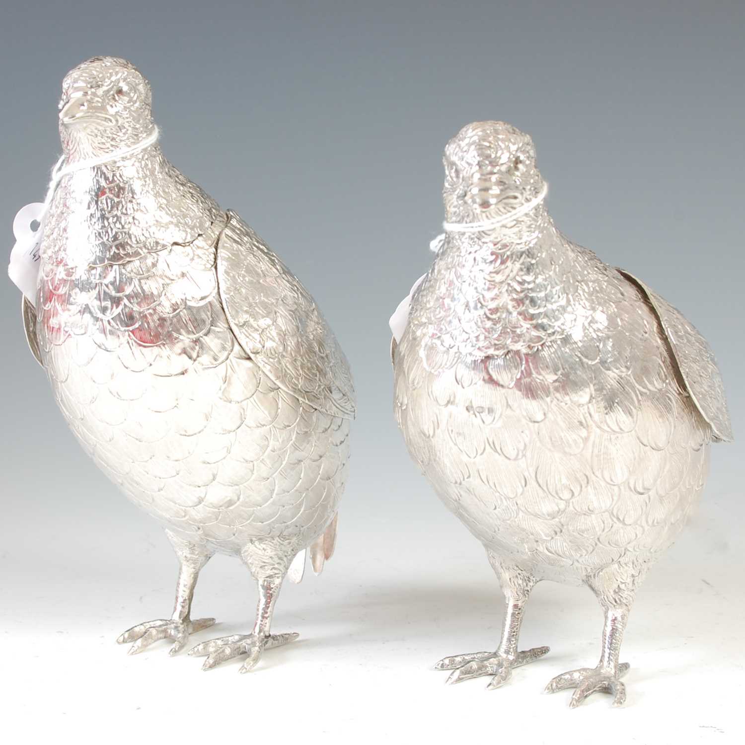 Lot 189 - Two silver table partridges, both with hinged...