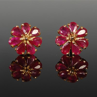 Lot 72 - A pair of yellow metal and ruby flower cluster...