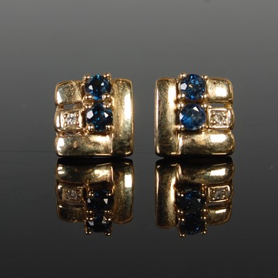 Lot 74 - A pair of yellow metal, sapphire and diamond...