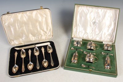 Lot 173 - A cased Birmingham silver six piece cruet set;...