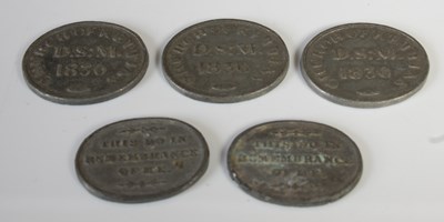 Lot 193 - Five assorted church tokens to include three...