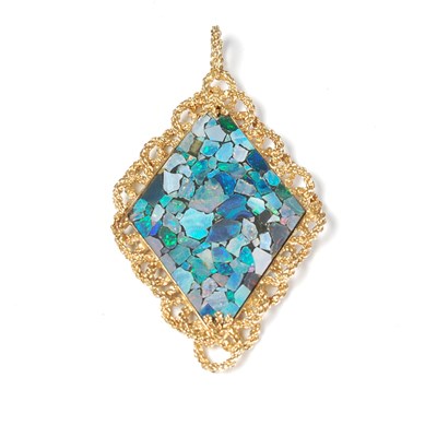 Lot 273 - A yellow metal mounted opal mosaic lozenge...