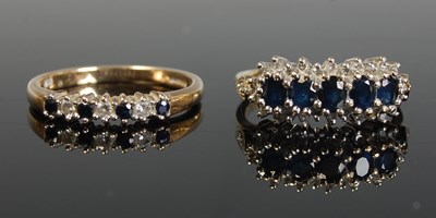 Lot 291 - Two 9ct gold sapphire and diamond chip rings,...