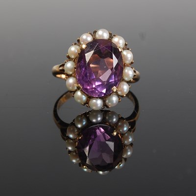 Lot 293 - A 9ct gold, amethyst and pearl cluster ring,...