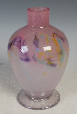 Lot 726 - A Monart glass lamp base, mottled pink, yellow,...
