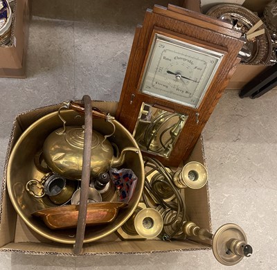 Lot 594 - Box - assorted copper and brass ware to...