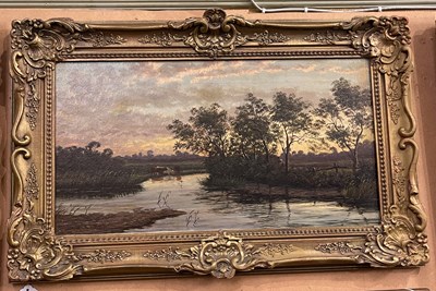 Lot 669 - E. L. Hooper  
Cattle watering in sunset river...