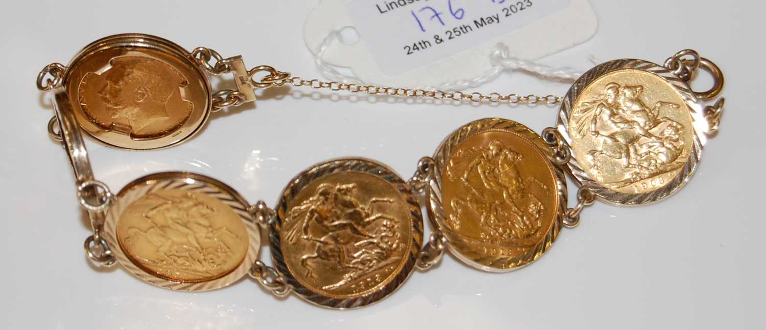 Lot 176 - A 9ct gold mounted sovereign bracelet set with...