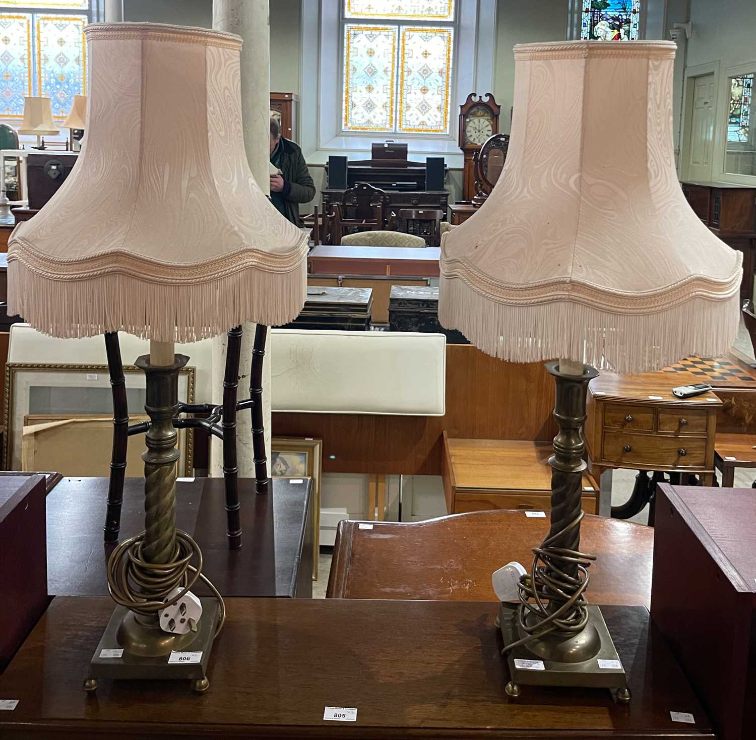 Lot 806 - A pair of brass table lamps and shades,...