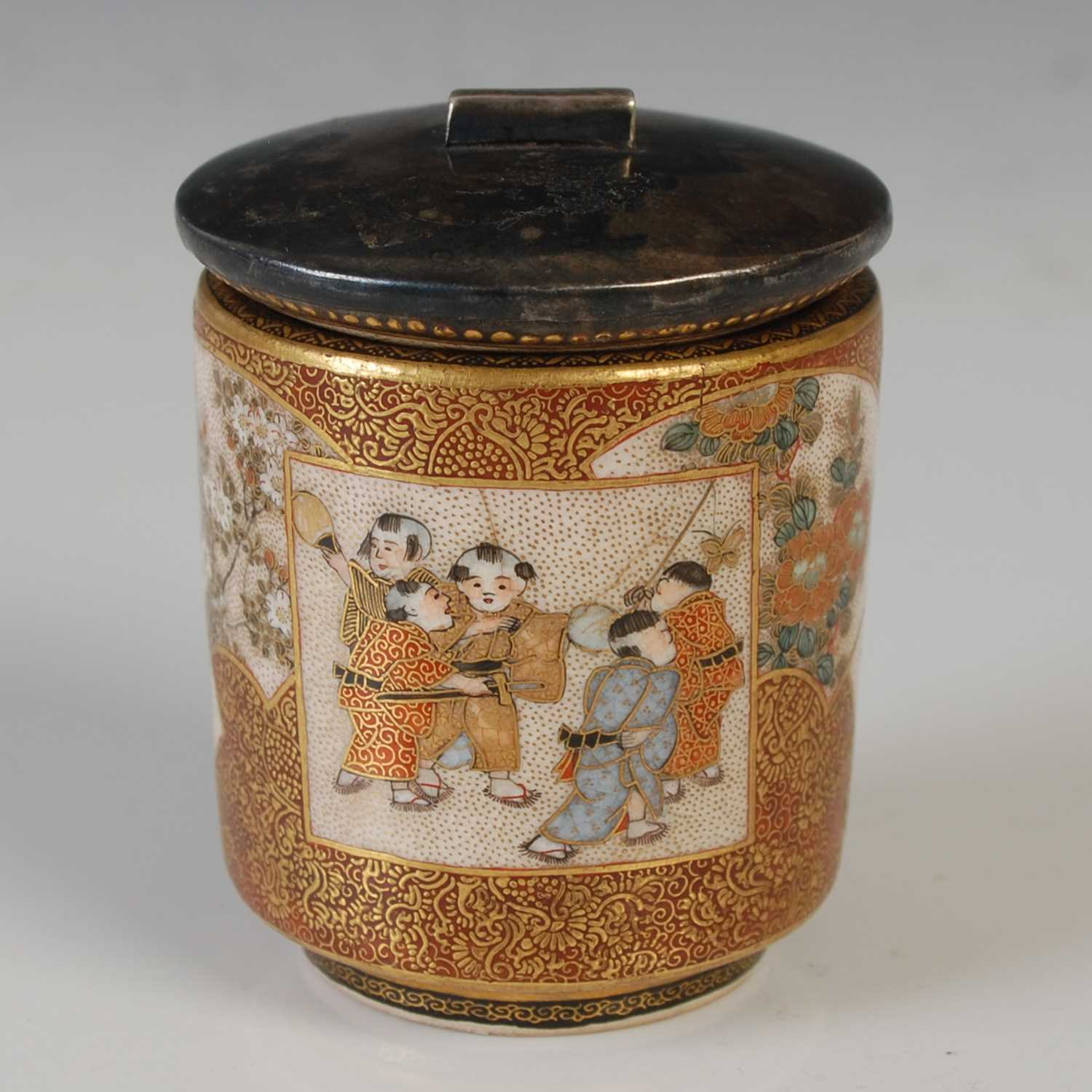 Lot 835 - A miniature Satsuma pottery cylindrical jar...