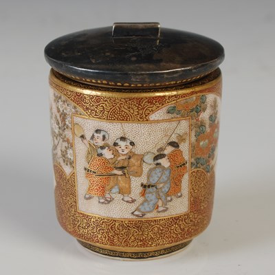 Lot 835 - A miniature Satsuma pottery cylindrical jar...