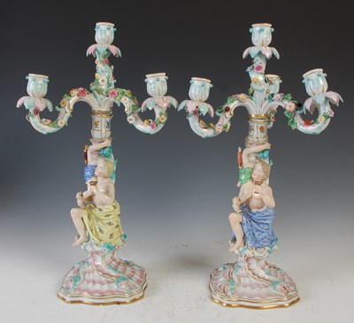 Lot 795 - A pair of Meissen porcelain four light...