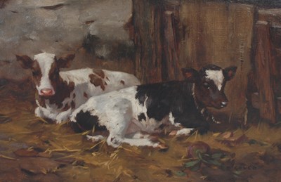 Lot 414 - David Gauld (1865-1936) Two calves oil on...
