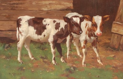 Lot 447 - David Gauld (1865-1936) Two calves outside the...