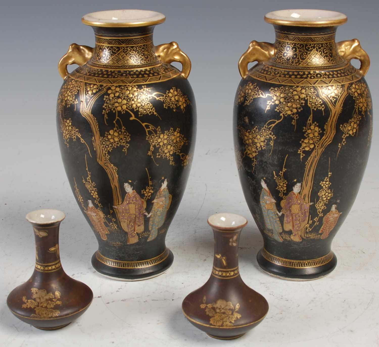 Lot 840 - A pair of Japanese Satsuma pottery black...
