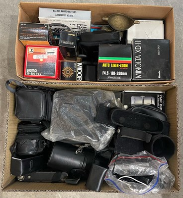 Lot 345 - Two boxes of assorted vintage camera equipment,...