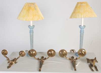 Lot 177 - A pair of blue and gilt table lamps and shades,...