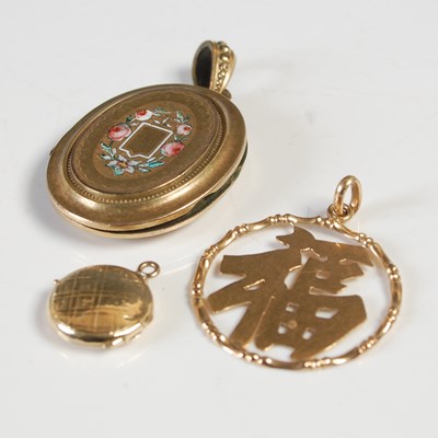 Lot 665 - A group of three yellow metal pendants, to...