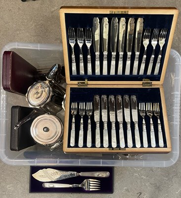 Lot 349 - A box of assorted EP ware, to include cased...