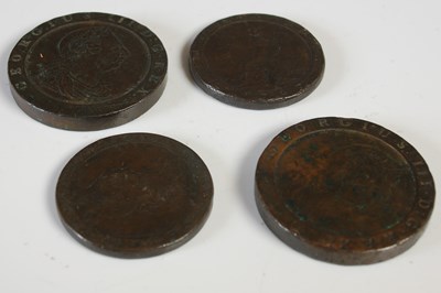 Lot 111 - Four assorted George III cartwheel pennies.