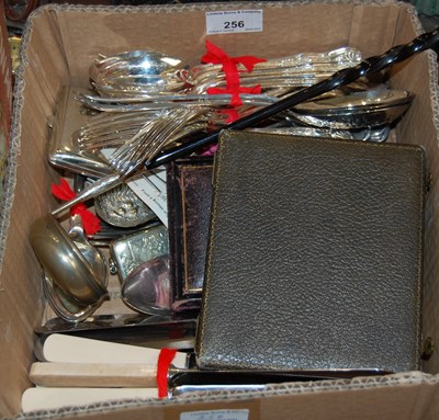 Lot 256 - A box containing EP and other metal flatware,...