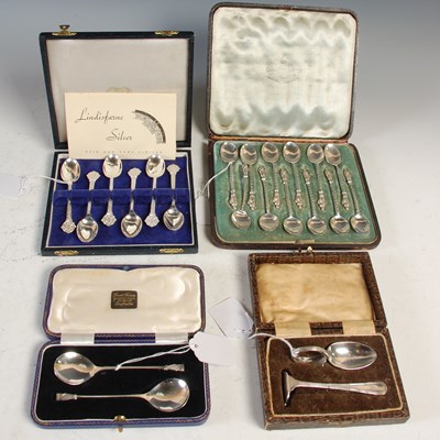 Lot 193 - Four cased sets of assorted silver flatware to...
