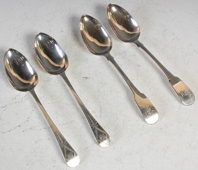 Lot 225 - Two pairs of antique silver table spoons to...