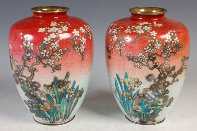 Lot 233 - A pair of Japanese Ginbari cloisonne vases,...