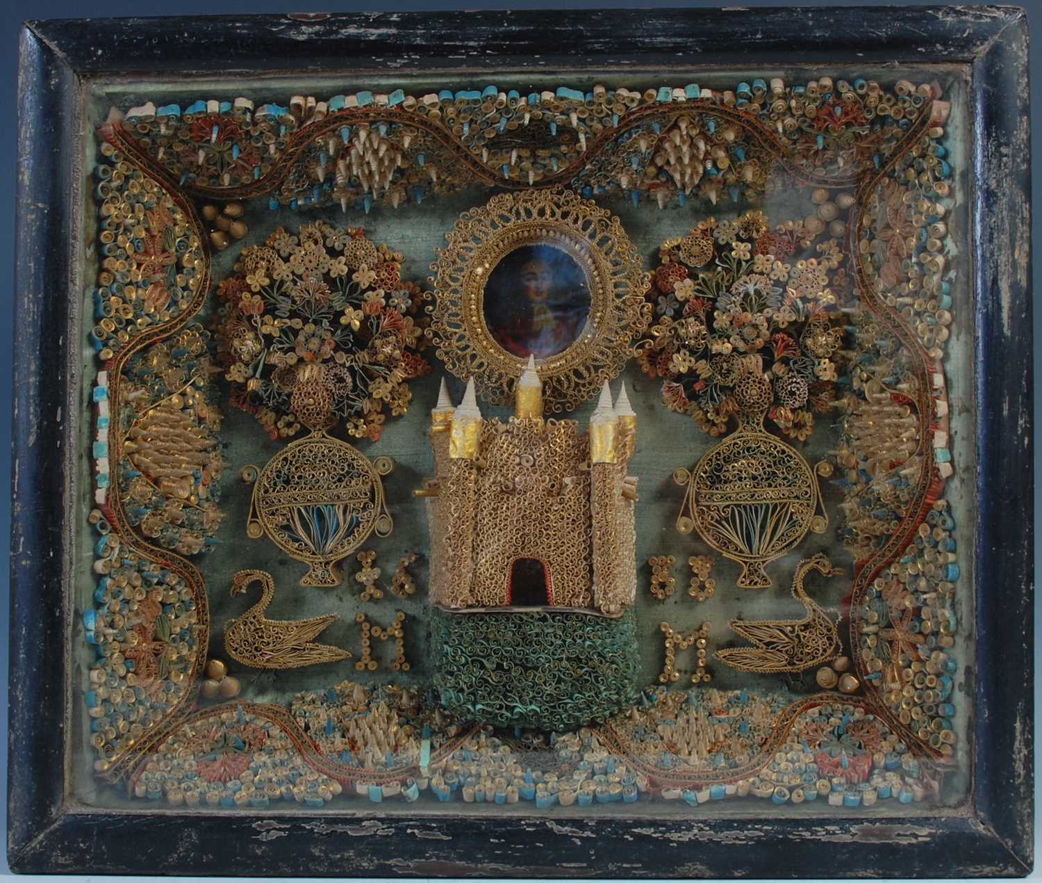 Lot 274 - An antique Quillwork diorama, bearing date...