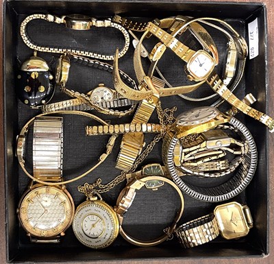 Lot 440 - A box of assorted yellow metal wristwatches.