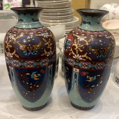 Lot 488 - A pair of Japanese cloisonne vases, 18cm high.