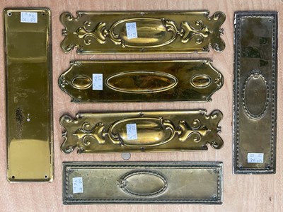 Lot 492 - Six assorted vintage brass finger plates,...