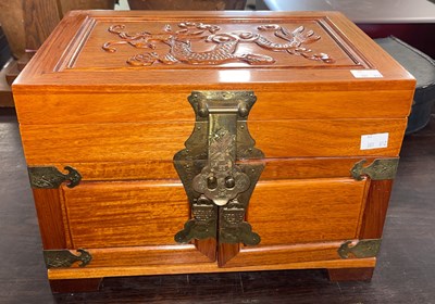 Lot 559 - A Chinese carved wood tabletop jewellery box,...
