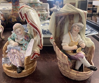 Lot 575 - A pair of Dresden porcelain figure groups,...