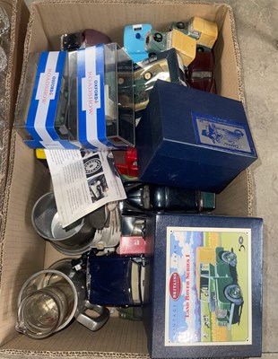 Lot 731 - A box of assorted model cars; pewter mugs; etc.