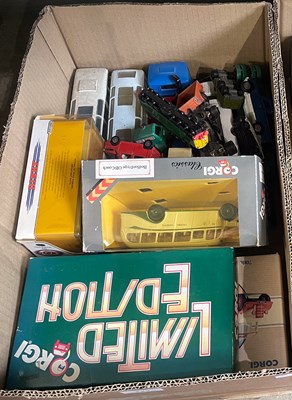 Lot 734 - A box of assorted model cars; lorries; coaches;...
