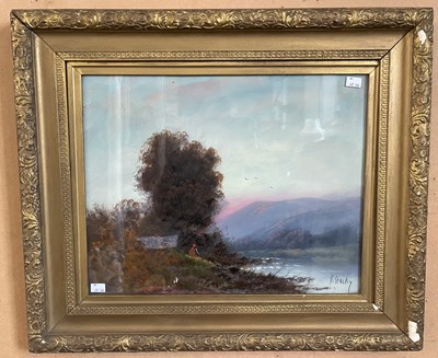 Lot 822 - R. Stazky  
Landscape with figure by lakeside ...