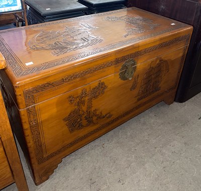 Lot 925 - A Chinese camphor wood blanket box, carved...