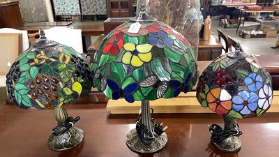 Lot 928 - Three assorted Tiffany style table lamps and...